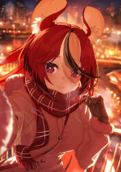 Rule 34 | 1girl, absurdres, animal ear fluff, animal ears, black gloves, breasts, breath, brown coat, city lights, coat, commentary, english commentary, gloves, hair between eyes, hakos baelz, highres, hololive, hololive english, jiang ye kiri, long hair, looking at viewer, medium breasts, mouse ears, mouse girl, mouse tail, multicolored hair, outdoors, scarf, smile, solo, streaked hair, tail, virtual youtuber, white hair