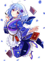 Rule 34 | absurdres, blue hair, book, diary, head scarf, high heels, highres, houkiboshi (prima doll), japanese clothes, kimono, morikura en, pen, prima doll, red eyes, simple background, white background