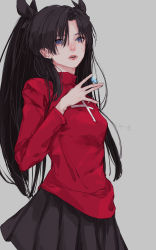 Rule 34 | 1girl, 96yottea, absurdres, black hair, black skirt, blue eyes, breasts, dress, fate (series), grey background, hair behind ear, highres, holding, holding crystal, long hair, open mouth, parted bangs, red sweater, skirt, small breasts, solo, sweater, tohsaka rin, turtleneck, turtleneck dress, twintails