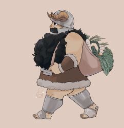 Rule 34 | 1boy, beard, carrying, dungeon meshi, dwarf, facial hair, fake horns, from side, full body, helmet, highres, horned helmet, horns, long beard, looking ahead, male focus, mustache, official style, pon (eponderland), profile, senshi (dungeon meshi), solo, thick mustache, very long beard, walking