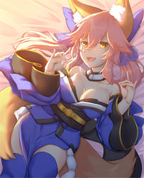 Rule 34 | 1girl, animal ear fluff, animal ears, bare shoulders, blue kimono, blue ribbon, blue thighhighs, breasts, cleavage, collarbone, detached sleeves, double fox shadow puppet, fang, fate/extella, fate/extra, fate/extra ccc, fate/grand order, fate (series), fox ears, fox girl, fox shadow puppet, fox tail, hair ribbon, highres, japanese clothes, kimono, large breasts, looking at viewer, lying, on bed, open mouth, other5555, pink hair, ribbon, solo, tail, tamamo (fate), tamamo no mae (fate/extra), thighhighs, yellow eyes