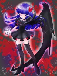 Rule 34 | 10s, 1girl, 2012, aoki reika, artist name, black dress, black neckwear, black thighhighs, blue eyes, blue hair, boots, choker, cosplay, dark precure, dark precure (cosplay), dress, elbow gloves, full body, gloves, hair ornament, hairpin, heartcatch precure!, kasuga rurito, long hair, matching hair/eyes, one eye closed, outstretched hand, precure, single elbow glove, single glove, single wing, skirt, smile precure!, solo, thigh boots, thighhighs, wings, wink