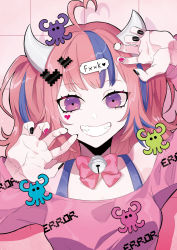 Rule 34 | 1girl, ahoge, blue hair, bow, breasts, claw pose, cleavage, cleavage cutout, clothing cutout, heart, heart ahoge, heart hair, highres, horns, ironmouse, ironmouse (1st costume), long sleeves, looking at viewer, multicolored hair, nail polish, octopus hair ornament, official art, pink bow, pink hair, pink nails, pixel heart, puppeteer7777, sharp teeth, shirt, smile, solo, speech bubble, straight-on, streaked hair, teeth, tongue, tongue out, transparent background, twintails, virtual youtuber, vshojo, white shirt