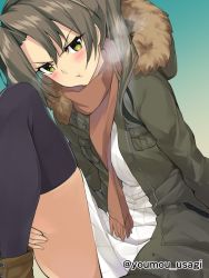 Rule 34 | 1girl, black thighhighs, blue background, blush, brown footwear, brown scarf, coat, fur-trimmed coat, fur trim, green eyes, green hair, green jacket, jacket, kantai collection, looking at viewer, pout, ribbed sweater, scarf, simple background, solo, sweater, thighhighs, twintails, twitter username, white sweater, youmou usagi, zuikaku (kancolle)