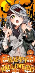 Rule 34 | 1girl, 7:08, :o, ahoge, bandaged head, bandages, bat (animal), claw pose, commentary, g11 (girls&#039; frontline), girls&#039; frontline, grey hair, happy halloween, highres, jack-o&#039;-lantern, knife in head, long hair, looking at viewer, object through head, solo, torn clothes