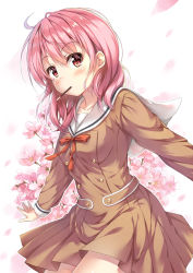 Rule 34 | 1girl, ahoge, bang dream!, blush, brown dress, buttons, cherry blossoms, commentary request, double-breasted, dress, food, hanasakigawa school uniform, long hair, long sleeves, looking at viewer, maruyama aya, mouth hold, neck ribbon, outline, pink eyes, pink hair, pleated dress, pocky, red ribbon, ribbon, sailor dress, school uniform, solo, spread legs, tomo wakui, white outline
