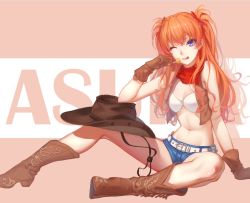 Rule 34 | 1girl, bare arms, bikini, bikini top only, blue eyes, bojue yu yaojing 695657, boots, breasts, candy, character name, cleavage, cowboy boots, cowboy hat, food, gloves, hair ornament, hat, lollipop, long hair, looking at viewer, midriff, navel, neon genesis evangelion, one eye closed, orange hair, scarf, shorts, simple background, sitting, small breasts, solo, souryuu asuka langley, swimsuit, thighs, tongue, tongue out