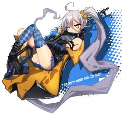 Rule 34 | 1girl, ahoge, asymmetrical legwear, black gloves, blue thighhighs, boots, commentary request, girls&#039; frontline, gloves, goggles, goggles around neck, gun, hair between eyes, highres, jitome, long hair, looking at viewer, machine gun, mismatched legwear, off shoulder, panties, pkp (girls&#039; frontline), pkp pecheneg, ryuu tou, scrunchie, side ponytail, silver hair, skirt, solo, thighhighs, underwear, uneven legwear, very long hair, weapon, white panties, yellow eyes, yellow thighhighs