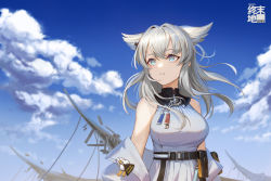 Rule 34 | 1girl, absurdres, animal ears, arknights, arknights: endfield, bare shoulders, belt, blue eyes, blue sky, breasts, coat, copyright name, day, dress, female focus, highres, large breasts, long hair, looking away, looking up, lunn, off shoulder, open clothes, open coat, outdoors, parted lips, perlica (arknights), silver hair, sky, solo, upper body, white coat, white dress