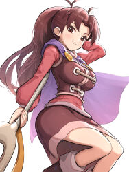 Rule 34 | 1girl, absurdres, breasts, brown hair, cape, golden sun, gonzarez, highres, jenna (golden sun), large breasts, miniskirt, ponytail, simple background, skirt, solo, staff, vest, white background