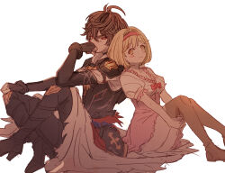 Rule 34 | 1boy, 1girl, ahoge, armor, back-to-back, belt, bishounen, blonde hair, boots, breastplate, brown eyes, brown hair, brown thighhighs, cape, commentary, commentary request, crossed legs, djeeta (granblue fantasy), dress, fingerless gloves, frilled dress, frills, gloves, granblue fantasy, hair between eyes, hair intakes, hand on own chin, headband, hetero, high heel boots, high heels, highres, knees up, light blush, p okate, pink dress, red eyes, sandalphon (granblue fantasy), short hair, sitting, sketch, thighhighs, white cape
