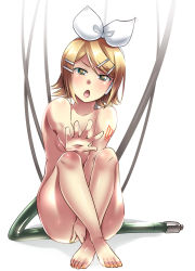 Rule 34 | &gt;:o, 1girl, :o, aqua eyes, barefoot, blonde hair, caffein, covering privates, covering crotch, hair ornament, hairclip, highres, kagamine rin, crossed legs, nude, outstretched hand, short hair, sitting, solo, v-shaped eyebrows, vocaloid, white background, wire