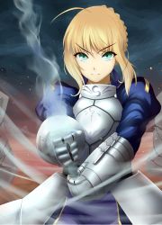 Rule 34 | 1girl, ahoge, armor, armored dress, artoria pendragon (fate), blonde hair, fate/stay night, fate (series), gauntlets, green eyes, highres, holding, holding sword, holding weapon, long hair, saber (fate), solo, sword, tama go, weapon