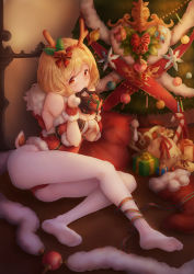 Rule 34 | 1girl, absurdres, antlers, ass, black gloves, blonde hair, blush, bow, box, breasts, candy, candy cane, christmas, christmas ornaments, christmas stocking, christmas tree, cleavage, deer tail, detached sleeves, djeeta (granblue fantasy), feet, food, full body, fur-trimmed leotard, fur trim, gift, gift box, gloves, granblue fantasy, hair bow, half gloves, hat, highres, horns, indoors, leotard, looking at viewer, no shoes, pantyhose, red bow, red eyes, red leotard, reindeer antlers, santa hat, short hair, soles, solo, strapless, strapless leotard, tail, thighs, wakaba (945599620), white pantyhose, wrist cuffs