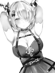 Rule 34 | 1girl, absurdres, antler ornament, antlers, arms behind head, arms up, blush, breasts, ceres fauna, ceres fauna (goth), cleavage cutout, clothing cutout, elbow gloves, flower, gloves, greyscale, hair flower, hair ornament, hair over one eye, hairclip, heart o-ring, highres, hololive, hololive english, horns, jewelry, large breasts, looking at viewer, mole, mole under eye, monochrome, nanashi (nlo), necklace, official alternate costume, official alternate hair length, official alternate hairstyle, short hair, simple background, solo, upper body, virtual youtuber