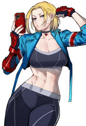 Rule 34 | 1girl, absurdres, blonde hair, blue eyes, breasts, cammy white, cellphone, cleavage, gloves, highres, large breasts, phone, scar, simple background, solo, street fighter, street fighter 6, white background