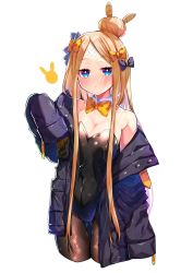 Rule 34 | abigail williams (fate), akirannu, bare shoulders, blonde hair, blue bow, blue jacket, blush, bow, bowtie, breasts, cleavage, commentary request, cowboy shot, cropped legs, detached collar, eyes visible through hair, fate/grand order, fate (series), fishnet pantyhose, fishnets, gluteal fold, hair ornament, highres, jacket, jacket partially removed, large forehead, leotard, long hair, looking at viewer, navel, pantyhose, playboy bunny, rabbit symbol, sleeves past fingers, sleeves past wrists, small breasts, solo, thighs, very long hair, white background, yellow bow, yellow bowtie