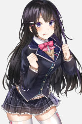 Rule 34 | 1girl, :p, absurdres, black hair, black jacket, blazer, blush, bow, bowtie, breasts, closed mouth, collared shirt, cowboy shot, grey background, hair ornament, hairclip, highres, jacket, kanniiepan, long hair, long sleeves, looking at viewer, medium breasts, miniskirt, nijisanji, pink bow, pink bowtie, pleated skirt, purple eyes, shirt, simple background, skirt, smile, solo, standing, thighhighs, tongue, tongue out, tsukino mito, tsukino mito (1st costume), virtual youtuber, white thighhighs, wing collar
