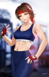 Rule 34 | 1girl, artist name, bare arms, bare shoulders, blue pants, blurry, blurry background, breasts, brown eyes, brown hair, cleavage, commentary request, crop top, easonx, final fantasy, final fantasy vii, final fantasy vii remake, fingerless gloves, gloves, headband, jessie rasberry, large breasts, long hair, looking at viewer, midriff, pants, parted bangs, ponytail, red headband, smile, solo, sports bra, sportswear