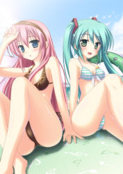 Rule 34 | 2girls, :d, :o, aqua hair, arm support, arm up, ass, bare arms, bare legs, bare shoulders, beach, bikini, black bikini, blue eyes, blush, breasts, cleavage, female focus, frilled bikini, frills, front-tie top, green eyes, hairband, halterneck, hatsune miku, holding hands, innertube, knee up, knees up, legs, long hair, looking at viewer, medium breasts, megurine luka, multiple girls, musical note, musical note print, neck, open mouth, outdoors, pink hair, project diva, project diva (series), side-tie bikini bottom, sideboob, sitting, sky, skywaker, small breasts, smile, string bikini, striped bikini, striped clothes, swim ring, swimsuit, twintails, very long hair, vocaloid