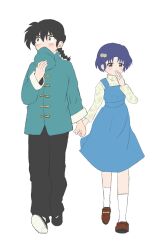 1boy 1girl amano_r_a black_hair blue_hair blush braid braided_ponytail brown_footwear couple hetero highres holding_hands looking_up ranma_1/2 saotome_ranma short_hair simple_background socks tendou_akane walking white_background white_socks