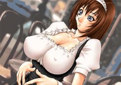 Rule 34 | animated, animated gif, blue eyes, breasts, brown hair, clothes pull, large breasts, lowres, maid, nipples, no bra, shirt pull
