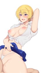 Rule 34 | 1boy, 1girl, blonde hair, blue eyes, blue skirt, blush, braid, breasts, breasts out, collarbone, darjeeling (girls und panzer), girls und panzer, highres, large breasts, miniskirt, nipples, no bra, open clothes, open mouth, open shirt, panties, shirt, simple background, skirt, smile, solo focus, taisai, teeth, thong, tongue, underwear, upper teeth only, white background, white panties, white shirt