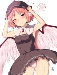 Rule 34 | 1girl, adapted costume, animal ears, armpits, arms up, ayagi daifuku, blush, brown dress, commentary request, detached collar, dress, feathered wings, grin, hands on headwear, hat, looking at viewer, mystia lorelei, one eye closed, panties, pink hair, red eyes, signature, simple background, smile, solo, spoken blush, strapless, strapless dress, sweat, thighs, touhou, underwear, white background, white panties, wings
