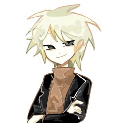 Rule 34 | 1boy, atou haruki, black jacket, blonde hair, brown sweater, chinese commentary, closed mouth, commentary request, crossed arms, grey eyes, jacket, long sleeves, looking at viewer, male focus, open clothes, open jacket, saibou shinkyoku, shamao78242, short hair, simple background, smile, solo, sweater, turtleneck, turtleneck sweater, upper body, white background