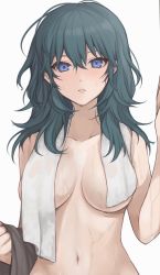 Rule 34 | 1girl, blue eyes, breasts, byleth (female) (fire emblem), byleth (fire emblem), covering privates, covering breasts, fire emblem, fire emblem: three houses, green hair, hair between eyes, highres, large breasts, looking at viewer, nintendo, shimizu akina, solo, towel over breasts, upper body, wet
