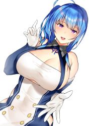 Rule 34 | 1girl, absurdres, ahoge, azur lane, bare shoulders, blue hair, breasts, buta tamako, buttons, cleavage, commentary request, gloves, hair between eyes, hand up, highres, large breasts, looking at viewer, open mouth, purple eyes, side ponytail, smile, solo, st. louis (azur lane), white gloves
