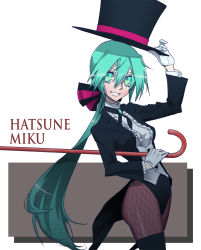 Rule 34 | 1girl, aqua eyes, aqua hair, bad id, bad pixiv id, cane, character name, fishnet pantyhose, fishnets, frills, gloves, grin, hat, hat tip, hatsune miku, highres, ktl (kuoting), kuoting, long hair, magician, miracle paint (vocaloid), pantyhose, ponytail, project diva, project diva (series), smile, solo, thighhighs, top hat, very long hair, vocaloid