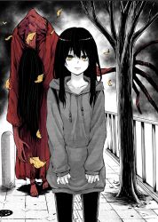 Rule 34 | 1girl, autumn leaves, black hair, closed mouth, collarbone, commentary, hair between eyes, highres, hood, hood down, hoodie, izumi (toubun kata), leaf, long hair, looking at viewer, mieruko-chan, monochrome, monster, official art, outdoors, pants, pavement, solo, spot color, symbol-only commentary, tree, yellow eyes, yotsuya miko