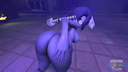 Rule 34 | 1girl, 3d, ass, bent over, blue skin, breasts, colored skin, huge ass, leviathan (skullgirls), nude, red eyes, skullgirls, solo, squigly (skullgirls), zombie