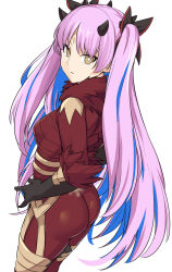 Rule 34 | 1girl, ass, black bow, black gloves, blue hair, bodysuit, bow, breasts, crescent, crescent facial mark, elbow gloves, facial mark, fate/grand order, fate (series), forehead mark, fur trim, gloves, hair bow, horns, ishtar (fate), long hair, looking at viewer, medium breasts, multicolored hair, pink hair, red bodysuit, shiseki hirame, simple background, solo, space ishtar (fate), space ishtar (third ascension) (fate), star-shaped pupils, star (symbol), symbol-shaped pupils, thighs, two-tone hair, two side up, white background, yellow eyes