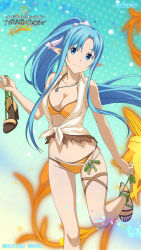 Rule 34 | 1girl, asuna (sao-alo), bikini, blue eyes, blue hair, breasts, cleavage, closed mouth, collarbone, collared shirt, floating hair, hair intakes, hair ornament, halterneck, head tilt, high ponytail, highres, holding, jewelry, long hair, looking at viewer, medium breasts, navel, necklace, open clothes, open shirt, orange bikini, pointy ears, shirt, sleeveless, sleeveless shirt, smile, solo, standing, standing on one leg, string bikini, swimsuit, sword art online, thigh strap, tied shirt, very long hair, white shirt, wing collar