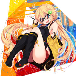 Rule 34 | 1girl, :d, bare shoulders, black-framed eyewear, black footwear, black shirt, blonde hair, blue ribbon, blush, boots, breasts, commentary request, drawing tablet, glasses, hair between eyes, hair ornament, hair ribbon, hand up, head tilt, highres, holding, holding stylus, jacket, knee boots, long hair, long sleeves, looking at viewer, low twintails, medium breasts, off shoulder, open mouth, original, red eyes, red shorts, ribbon, sasahara wakaba, shirt, short shorts, shorts, sidelocks, sleeveless, sleeveless shirt, sleeves past wrists, smile, solo, stylus, twintails, very long hair, yellow jacket