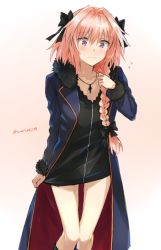Rule 34 | 1boy, artist name, astolfo (fate), black dress, blue coat, blush, braid, coat, collarbone, cosplay, dress, fate/apocrypha, fate/grand order, fate (series), flying sweatdrops, fur-trimmed coat, fur trim, gradient background, hair ribbon, jacket, jeanne d&#039;arc (fate), jeanne d&#039;arc (ruler) (fate), jeanne d&#039;arc alter (fate), jeanne d&#039;arc alter (fate) (cosplay), jeanne d&#039;arc alter (ver. shinjuku 1999) (fate), jewelry, legs, looking down, male focus, multicolored hair, necklace, official alternate costume, open clothes, open coat, pink hair, purple eyes, ribbon, skirt, solo, somechime (sometime1209), streaked hair, thighs, trap, twitter username, two-tone hair, white hair