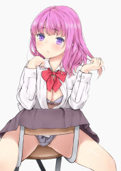 Rule 34 | 1girl, absurdres, blue skirt, blush, bow, bow panties, bowtie, bra, breasts, closed mouth, clothes lift, collared shirt, dress shirt, eyebrows, gradient hair, highres, holding, holding hair, large breasts, long sleeves, looking at viewer, multicolored hair, on chair, open clothes, open shirt, original, panties, pink hair, pleated skirt, purple eyes, qzik, red bow, red bowtie, shirt, simple background, sitting, sitting backwards, skirt, skirt lift, solo, spread legs, underwear, upskirt, white background, white shirt