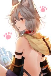 Rule 34 | 1girl, animal ears, back, back focus, blush, brown eyes, choker, claw (weapon), commentary request, detached sleeves, erune, from behind, granblue fantasy, grey hair, hair between eyes, highres, hood, hood down, long sleeves, looking away, looking to the side, myusha, parted lips, red choker, sen (granblue fantasy), short hair, solo, weapon, white background
