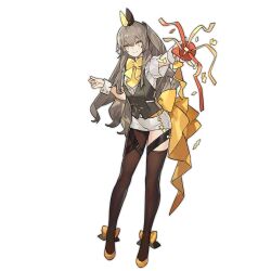 Rule 34 | 1girl, asymmetrical legwear, black ribbon, black vest, brown hair, brown pantyhose, footwear ribbon, full body, girls&#039; frontline, hair between eyes, hair ribbon, high heels, holding, holding party popper, long hair, looking at viewer, necktie, official alternate costume, official art, one side up, outstretched arm, pantyhose, party popper, ribbon, scar, scar across eye, shirt, short sleeves, shorts, single leg pantyhose, single thighhigh, smile, solo, standing, star (symbol), starshadowmagician, thighhighs, transparent background, ump45 (girls&#039; frontline), ump45 (the wish-making sorceress of fireworks) (girls&#039; frontline), very long hair, vest, white shirt, white shorts, white wrist cuffs, wrist cuffs, yellow eyes, yellow footwear, yellow necktie, yellow ribbon
