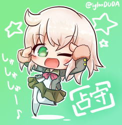 Rule 34 | 1girl, ;d, asimo953, big head, black footwear, blonde hair, blush, character name, chibi, commentary request, eyes visible through hair, full body, fur-trimmed sleeves, fur trim, green background, green eyes, green jacket, green sailor collar, green skirt, hands up, highres, jacket, kantai collection, leg lift, long sleeves, looking at viewer, miniskirt, no nose, one eye closed, open clothes, open jacket, open mouth, outline, pantyhose, partially translated, pleated skirt, raised eyebrows, sailor collar, school uniform, serafuku, shading eyes, shimushu (kancolle), shirt, short hair, simple background, skirt, smile, solo, standing, standing on one leg, star (symbol), tareme, translation request, twitter username, white outline, white pantyhose, white shirt