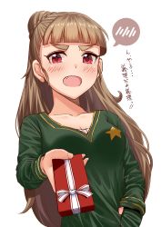 Rule 34 | 1girl, absurdres, blush, braid, breasts, brown hair, cleavage, fang, fang out, gift, green sweater, hair bun, hand in pocket, highres, idolmaster, idolmaster cinderella girls, incoming gift, kamiya nao, long hair, looking at viewer, medium breasts, red eyes, single hair bun, solo, spoken blush, star (symbol), sweater, takamiya nao, thick eyebrows, translation request, tsundere, upper body, white background