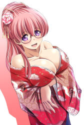 Rule 34 | 1girl, bare shoulders, blush, breast hold, breasts, cleavage, collarbone, female focus, flower, from above, glasses, gradient background, hair ornament, japanese clothes, kimono, large breasts, long hair, looking at viewer, open mouth, original, pink hair, purple eyes, simple background, solo, standing, tonpuu, yukata