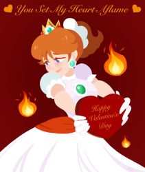 Rule 34 | 1girl, blue eyes, brown hair, candy, crown, dress, food, gloves, highres, mario (series), nintendo, ponytail, princess daisy, smile, solo, super mario bros. 1, text focus, valentine