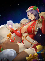 Rule 34 | 2girls, altera (fate), altera the santa (fate), alternate costume, breasts, bridal gauntlets, christmas, cleavage, dark skin, dark-skinned female, elbow gloves, fate/grand order, fate (series), gloves, heart, heart-shaped pupils, highleg, highleg panties, highres, large breasts, long hair, looking at viewer, minamoto no raikou (fate), mistletoe, multiple girls, navel, panties, purple eyes, purple hair, rainwasher, red eyes, red gloves, revealing clothes, sack, santa costume, sheep, short hair, sideboob, silver hair, sky, small breasts, smile, star (sky), star (symbol), starry sky, symbol-shaped pupils, thighhighs, underwear