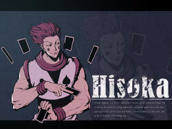 Rule 34 | 1boy, black eyes, card, character name, commentary, english text, facial mark, highres, hisoka morow, holding, holding card, hunter x hunter, letterboxed, male focus, muscular, muscular male, pink hair, rui li, smile, solo, star (symbol), upper body, wrist cuffs, zoom layer
