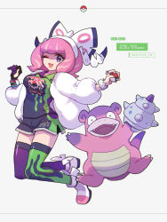 Rule 34 | 1girl, ;d, asymmetrical legwear, bow hairband, bracelet, breasts, character name, collared shirt, commentary request, copyright name, creatures (company), dynamax band, eyelashes, eyeshadow, fur jacket, galarian slowbro, game freak, gloves, hairband, highres, holding, holding poke ball, jacket, jewelry, klara (pokemon), looking at viewer, makeup, mayuzumi, mismatched legwear, mole, mole under mouth, nintendo, one eye closed, open mouth, partially fingerless gloves, pink eyeshadow, pink hair, pink lips, poke ball, poke ball (basic), poke ball symbol, pokemon, pokemon (creature), pokemon swsh, purple eyes, ring, shirt, shoes, shorts, single glove, smile, thighhighs, uneven legwear, white background, white jacket