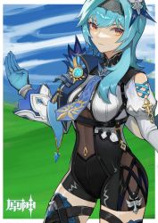 Rule 34 | 1girl, absurdres, bare shoulders, black hairband, black shorts, blue gloves, blue hair, blue sky, breasts, brown eyes, clothing cutout, cowboy shot, day, eula (genshin impact), genshin impact, gloves, hair ornament, hairband, highres, jintianyefanma, juliet sleeves, long hair, long sleeves, looking at viewer, medium breasts, outdoors, puffy sleeves, shirt, short shorts, shorts, shoulder cutout, sky, solo, standing, thighhighs, thighs, white shirt, wide sleeves