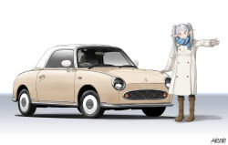 Rule 34 | 1girl, absurdres, blue scarf, blush, boots, brown footwear, car, closed mouth, coat, commentary request, elf, frieren, full body, gloves, green eyes, grey gloves, grey hair, highres, knee boots, long hair, long sleeves, looking at viewer, motor vehicle, nissan, nissan figaro, pointy ears, raffijoe5, scarf, sidelocks, solo, sousou no frieren, standing, white coat